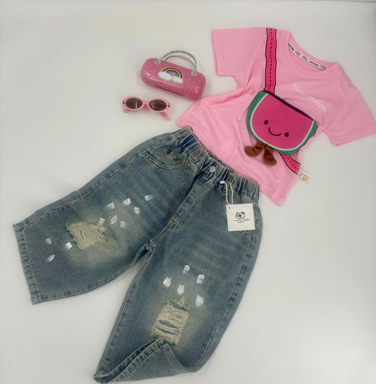 Fröhliches Kinder-T-Shirt mit Wassermelonen-Tasche